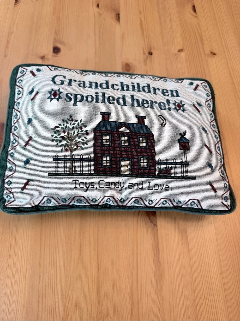 Grandchildren Spoiled Here! Holiday Accent Pillow - Green and Cream